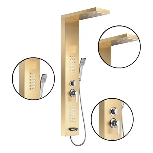 Regadera de Baño De Acero Inoxidable Solana Modelo Young Color Gold / Panel De Ducha Con Regadera de Mano y Salida De Agua Modo Lluvia y Rociador Hidromasaje