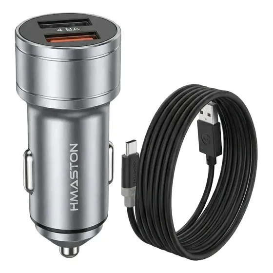 Kit Carregador Veicular Turbo 2 USB Com Cabo USB-C Para Carro Carga Rápida