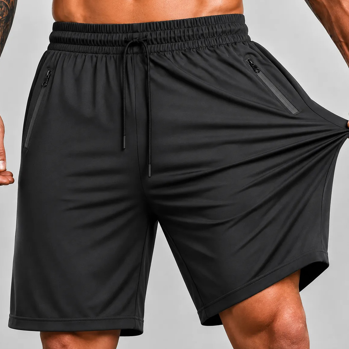 Shorts esportivo masculino preto com modelagem slim fit, exibindo bolsos laterais com zíper e cós elástico com cordão, sendo esticado para demonstrar a elasticidade do tecido.