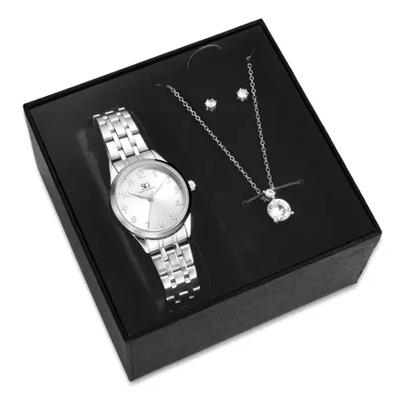 Kit Relógio Colar Brincos Prata Feminino Saint Germain 28 Mm Prateado