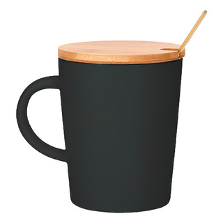 Taza De Cerámica Con Tapa De Bambú Y Cucharilla. Taza De Cerámica Con Tapa De Bambú Y Cucharilla.