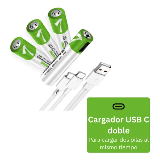 HYGE Paquete 4 Pilas Aaa Recargables Usb C 750mwh 1.5v, Carga Rápida, Alta Duración, Incluye Cargador Usb C De Doble Entrada, Ideal Para Controles Y Todo Tipo de Dispositivos