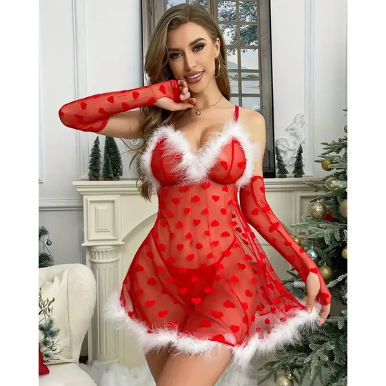 Pijama De Lencería Navideña Sexy De Corazón Transparente