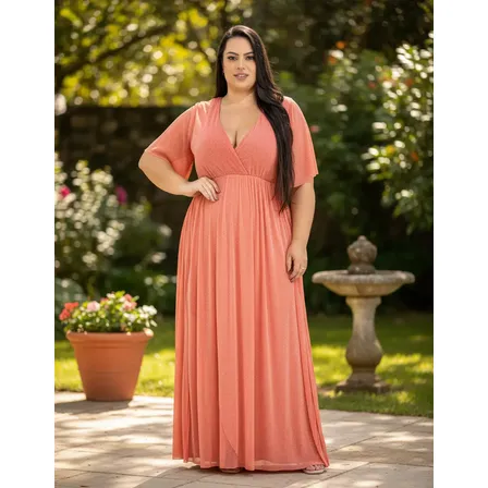 Vestido Lia Benta Plus Size Longo Decote V Festa Curta