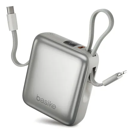 Carregador Portátil Power Bank Basike 10000mah 22.5w Rápido 4 Saídas Cabo Embutido Display iPhone Samsung Prateado-a