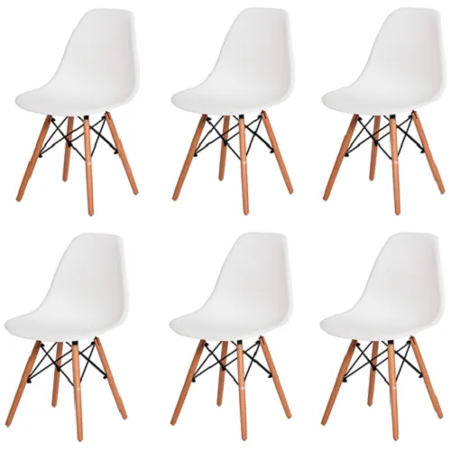 Kit 6 Cadeiras Eiffel Charles Eames Wood Base Madeira Branca