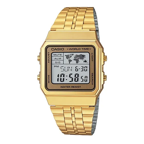 Reloj pulsera digital Casio A500WGA-9DF Vintage con correa de acero inoxidable color dorado - fondo blanco