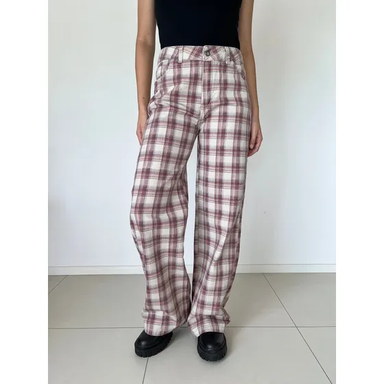 Pantalones Wide Leg Gabardina Cuadros Mujer Marca Loca