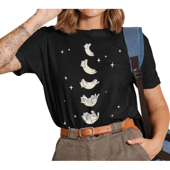 Camisa Feminina Gatinho Fofo Lua Tumblr Blusa Camiseta Geek