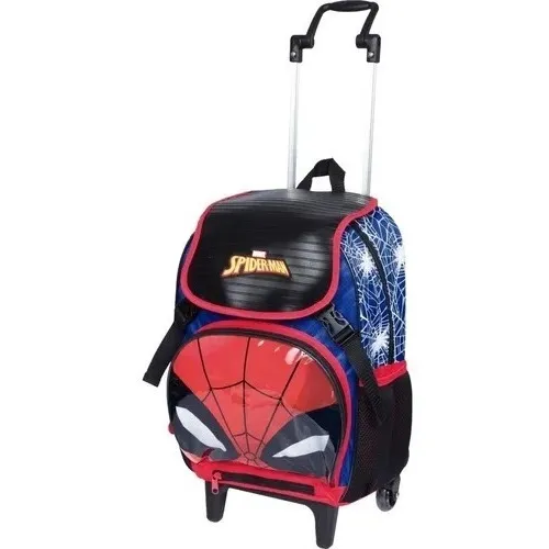 Mochila Infantil Homem Aranha Olhos Led 19z Rodinhas Sestini Cor Vermelho/Azul