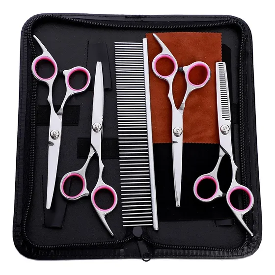 Kit 4 Tesouras Pet Inox Profissional para Tosa + Pente de Aço e Estojo – Corte Preciso, Durabilidade e Conforto para Cães e Gatos – Marca Lorben