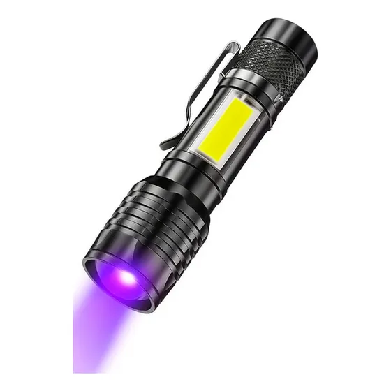 Lámpara Linterna Táctica Mini Luz Negra UV Ultravioleta Campismo Multiusos Seguridad Alacranes Bolsillo Batería Interna Led Con Zoom + Luz Lateral Blanca Led COB Recargable USB + Estuche Protactical®
