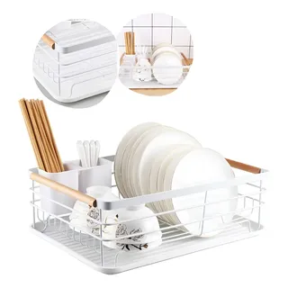 Escorredor De Louça Branco Com Bandeja Metal Alças Madeira Duarte Mota