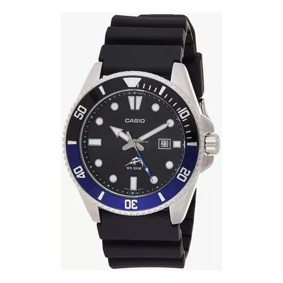Reloj Casio Marlin Mdv-106b-1a1 200m Wr Correa Negro MDV-106B-1A1 Bisel Negro Fondo Azul MDV-106B-1A1