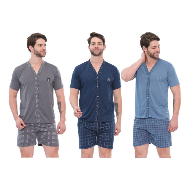 Kit 3 Pijamas Masculino Adulto Curto BotĂŁo Manga Curta Short Kit 3 Pijamas Masculino Adulto Curto BotĂŁo Manga Curta Short
