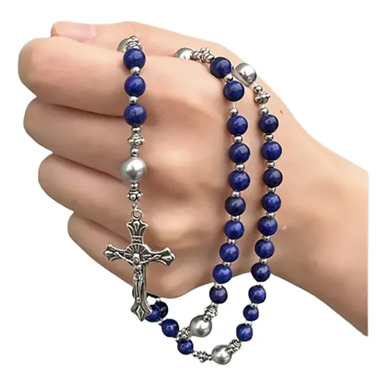 Collar rosarios catolicos Piedra Natural Lapislazuli Cruz y Virgen Cadena