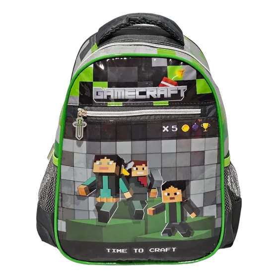Mochila Bolsa Escolar Creche Infantil Jogo Gamecraft Pequena Cor Verde Desenho do tecido Liso