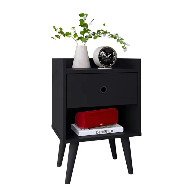 Mesita de noche retro Decora, 1 cajón, 5 colores, muebles Rpm, color negro/negro