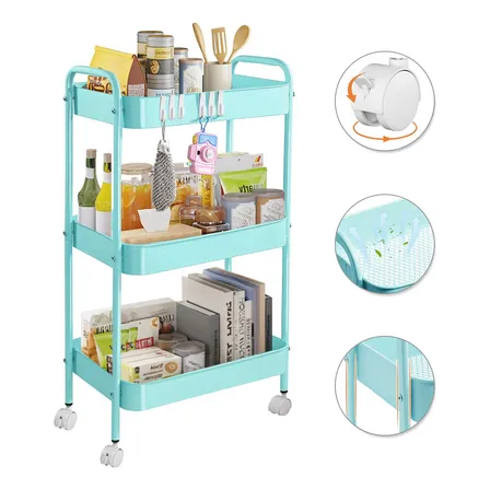 Carrito Organizador Metal 3 Niveles Ruedas Bloqueables Azul Azul