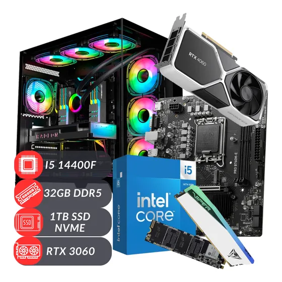Pc Gamer I5 14400f Rtx 4060 B760m 32gb Ddr5 1tb Nvme Water C