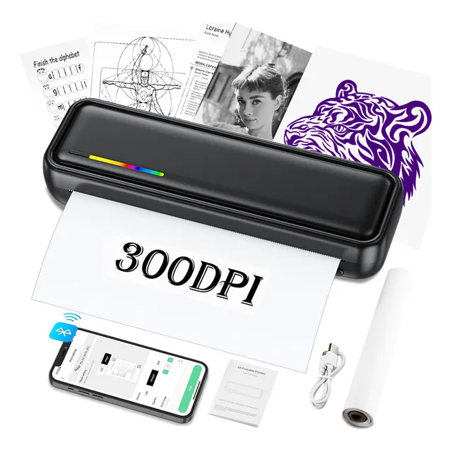 4en1 Impresora Térmica A4/tatuaje Bluetooth 3000mah Portatil. Impresión Térmica, Documentos A4, Fotografías En Blanco Y Negro, Papel Para Tatuajes, Impresión De Papel En Rollo De Etiquetas Negras.