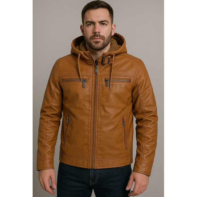 Jaqueta Couro Masculina Slim Forrada Com Capuz Removivel Jaqueta Couro Masculina Slim Forrada Com Capuz Removivel