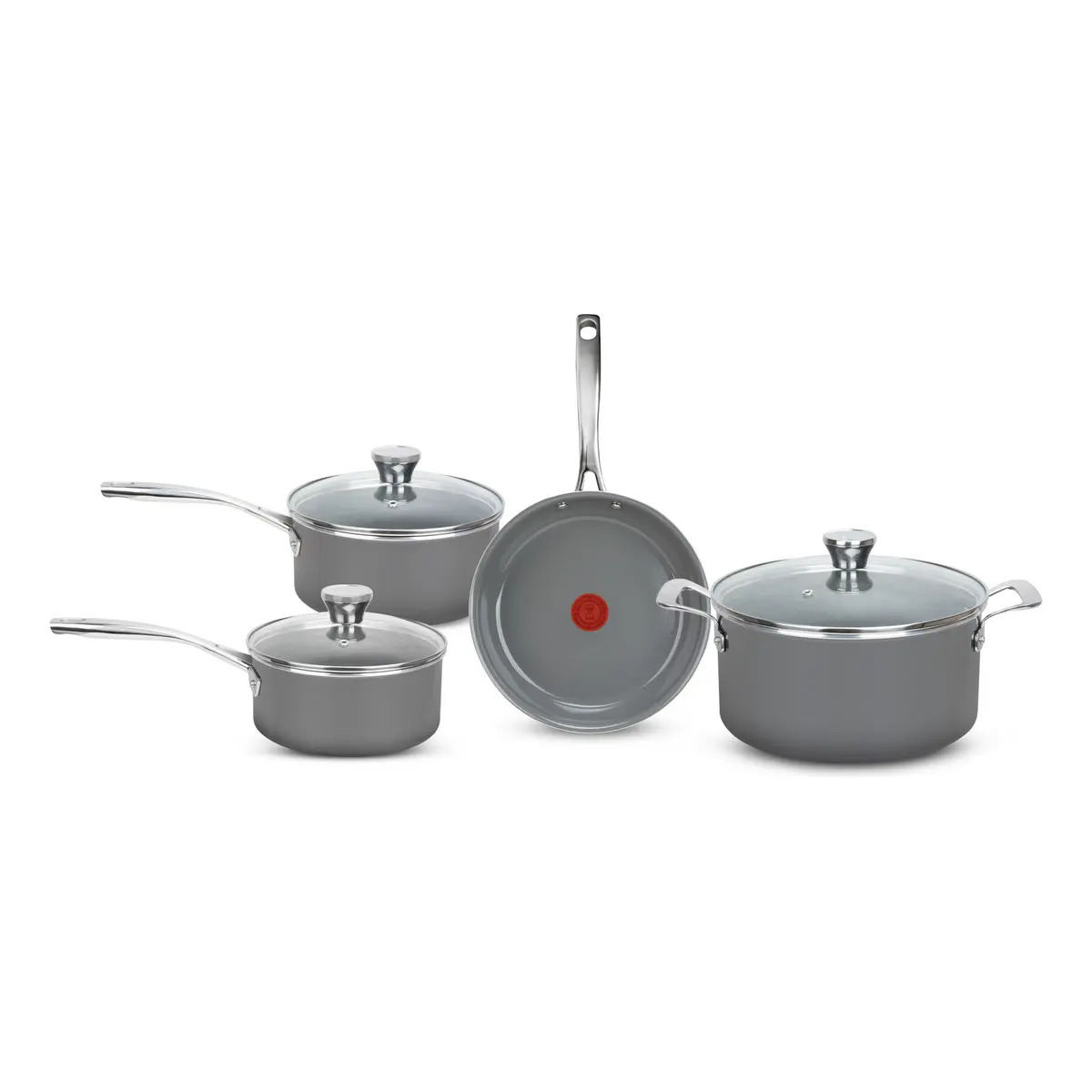 Jogo de panelas Tefal Ceramic Vitality com 4 peças na cor cinza, incluindo panelas com tampas de vidro e uma frigideira