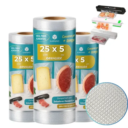 3 Unidades Rolo Bobina 25cm X 5 Metros Saco Plástico A Vácuo Gofrada Embalagem A Vacu Com Ranhuras Saquinho Sous Vide... Transparente