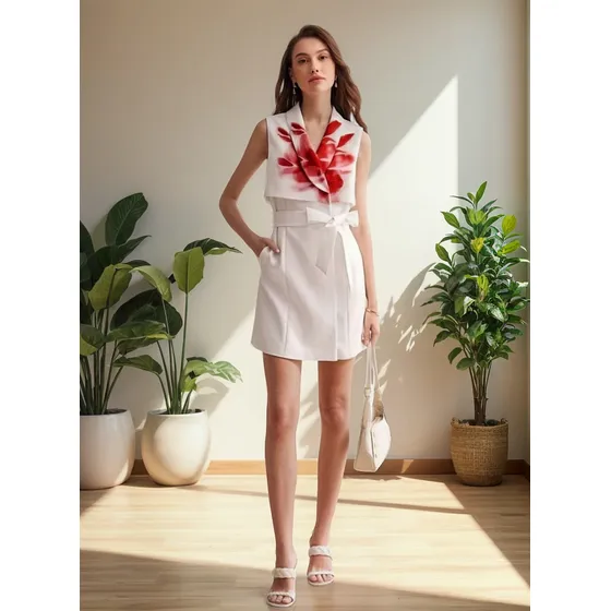 Vestido Blanco | Estampado Floral | Con Cinturón, Talla M