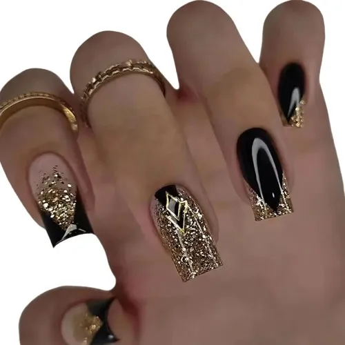 Unhas Postiças Decorada Realista Com Cola Preto Dourado 
