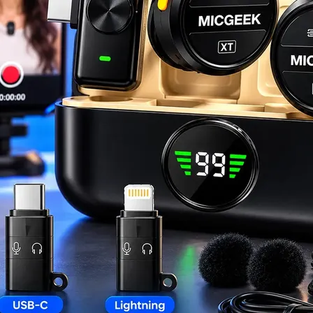 Microfone Lapela Redondo Sem Fio Tipo-c Duplo Anti Ruído P/ Android E iPhone 15 16 17 Com Caixinha Para Carregamento Cor Preto Micgeek