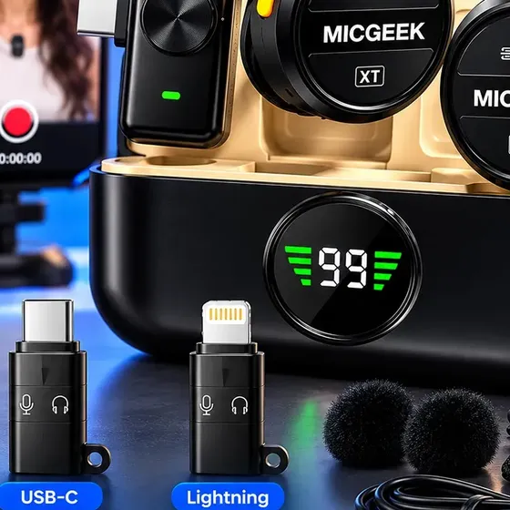 Microfone Lapela Redondo Sem Fio Tipo-C Duplo Anti Ruído P/ Android E iPhone 15 16 17 Com Caixinha Para Carregamento Cor Preto MICGEEK