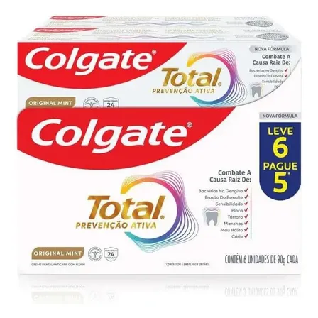 Colgate Creme Dental Total Original Mint 6x90g, Prevenção Ativa com Flúor