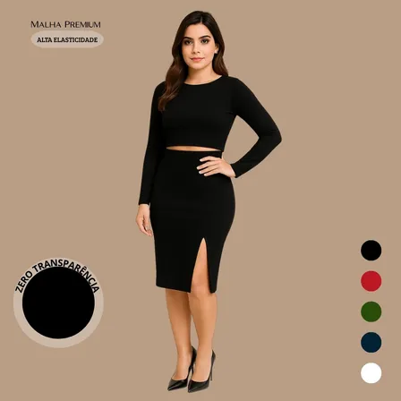 Saia Tubinho Midi Fenda Secretária Social Moderna Versátil