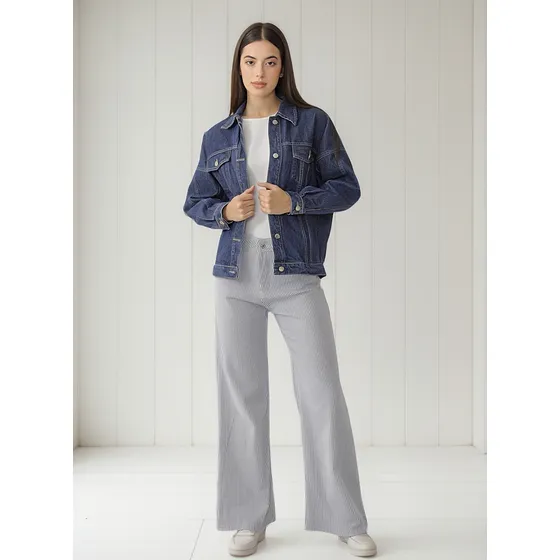 Pantalón Wid Leg Mujer Soluna Moda Rayado Gabardina Rígido