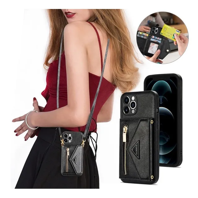 Funda De Cuero Para iPhone Cartera Bandolera Con Tarjetero W