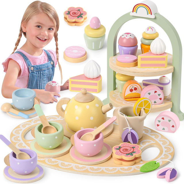 Conjunto De Festa De Chá Lonico Wooden Com Suporte De Cupcak