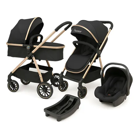 Carrinho 3 Em 1 Move Preto Dourado Com Bebê Conforto E Base Golden