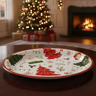 Bandeja Travessa Oval Natalina 33cm Decoração Servir Mesa Branca Com Desenhos Na