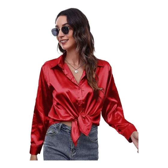 L Blusa De Satén De Manga Larga De Seda Sintética Satinada