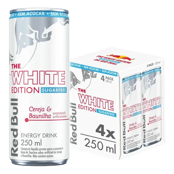 Red Bull Energético, White Edition, Cereja e Baunilha, Sem Açúcar, 250ml, 4 latas