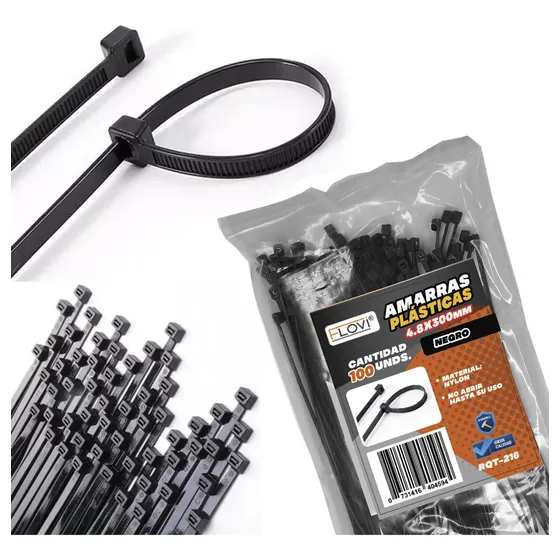 Bolsa 100 Amarras Plásticas 30cm X 4.8mm Negro, Marca Flovi Color Negro
