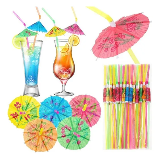 Kit 120 Canudo Guarda Chuva Sol Decorado Para Drinks Cor Sortidas