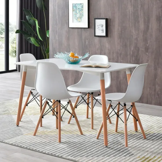 Mesa  Eames Nordica 120x80 + 4 Sillas Eames Blancas