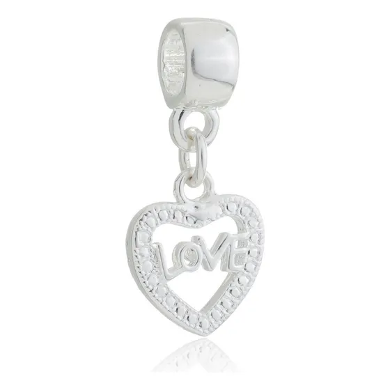 Berloque Pingente Charms Coração Love Banhado Prata 