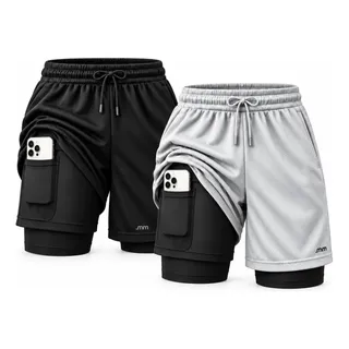 Kit 2 Bermudas 2 Em 1 Short Duplo Masculino Academia Treino