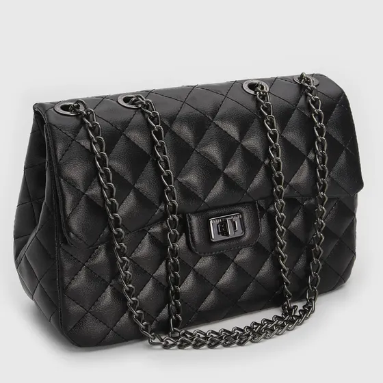 Bolsa transversal Maria Milão Matelassê Design liso Couro sintético Preta Correia prateada
