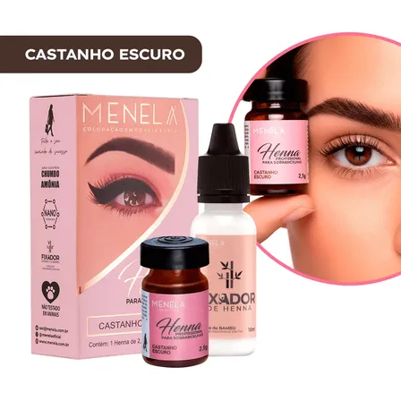 Henna Menela Castanho Escuro Padrão Profissional Para Designer De Sobrancelhas 2.5g Com Fixador E Nanotecnologia Completo