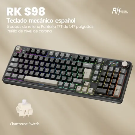 Teclado mecánico Español inalámbrico RK Royal Kludge RKS98 Phantom, con pantalla y mando giratorio CNC, distribución al 98 %, estructura TOP, iluminación RGB, 2,4 GHz/Bluetooth/USB-C, Hot Swap