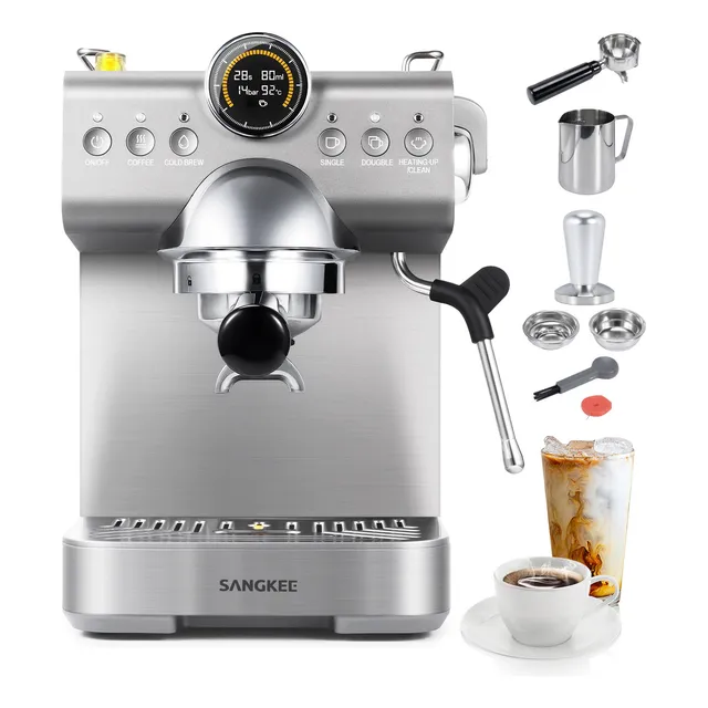 Sangkee Cafetera Espresso Preparación En Caliente Y Frío, Máquina De Café Con Vaporizador De Leche Y Panel Lcd De Temperatura Y Tiempo, Ideal Para Cappuccino Y Latte, 20 Bares,1350w